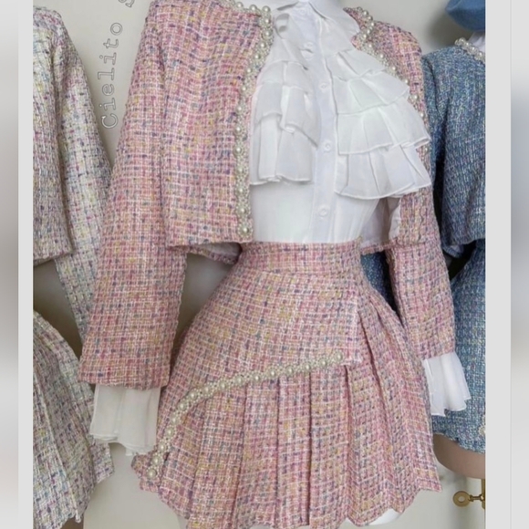 Set Chanelish Le Rose Pink Tweed Jacket And Skirt - Picture 3 of 16